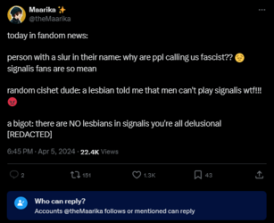 Screenshot 2024-04-08 at 23-56-34 Maarika ✨ on X today in fandom news person with a slur in th...png Screenshot 2024-04-08 at 23-56-34 Maarika ✨ on X today in fandom news person with a slur in th...png