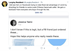 Yaniv's on FB trying to steer people to a scam Chinese face mask seller