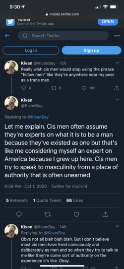 Kivan on Twitter Let me explain. Cis men often assume they're experts on what it is to be a ma...png