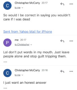 Email chain between Chris and Peach
