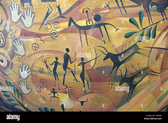 modern-art-in-the-style-of-a-cave-painting-depicting-prehistoric-hunting-and-hand-prints-T5APE0.jpg