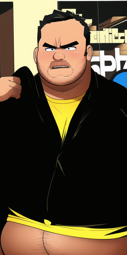 man, fat, obese, fully body, short hair, yelling, (((angry))), solo, black  sweater, yellow sh...png