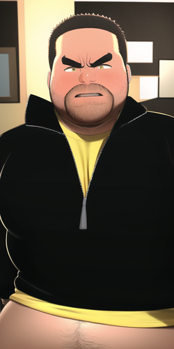 man, fat, obese, fully body, short hair, yelling, (((angry))), solo, black  sweater, yellow sh...png