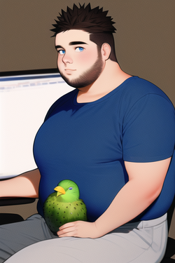 A chubby man with short spiky dark brown hair and blue grey eyes. He is wearing a dark tshirt ...png