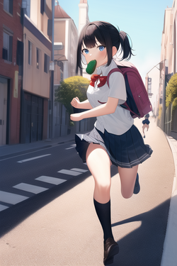 schoolgirl, backpack, loaf of bread in mouth, running, road, street, city, s-823071583.png