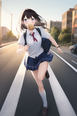 schoolgirl, backpack, loaf of bread in mouth, running, road, street, city, s-4247626261.png