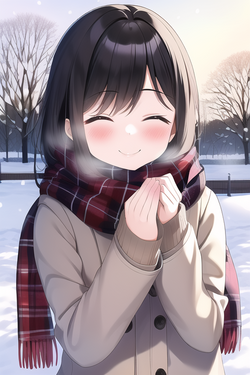 Like_ 1girl, sweater, snow, park, scarf, smile, closed eyes, blush, s-2668513081.png