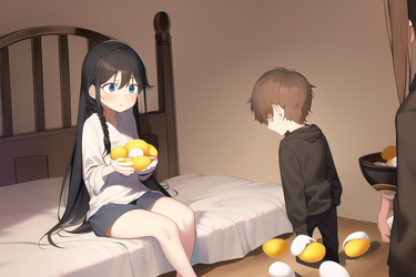 scared (confused) girl with (long braided black hair) sitting on bed, boy standing (offering b...png