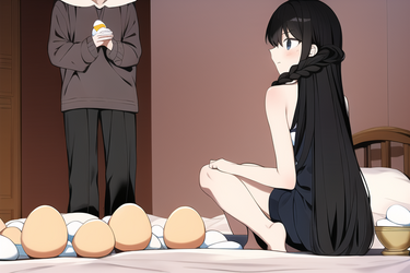 scared (confused) girl with (long braided black hair) sitting on bed, boy standing (offering b...png