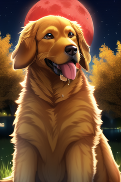 golden retriever, {{{drool}}}, park, night, red moon, s-1133166241.png