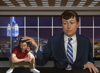 02872-3576361302-A young man at a desk petting a tiny man crouching on top of his desk, in the...png