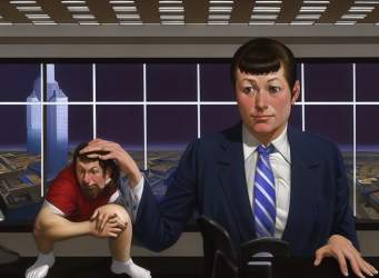 02883-3425823260-A young man at a desk petting a tiny man crouching on top of his desk, in the...png