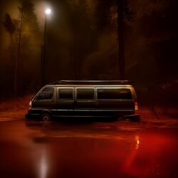 00074-3865610695-rusty van in dark forest, night, raining, wet, lights on in van, spooky, creepy.jpg