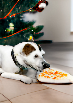 retarded dog eating pizza under a christmas tree.png