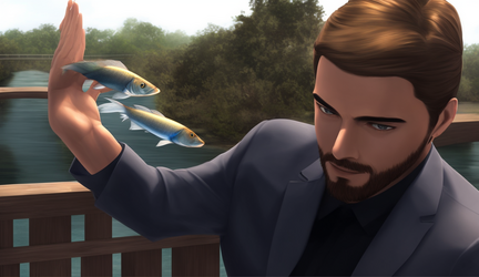 02407-2031673987-A man in a suit standing on a bridge attempting to block fish flying towards ...png