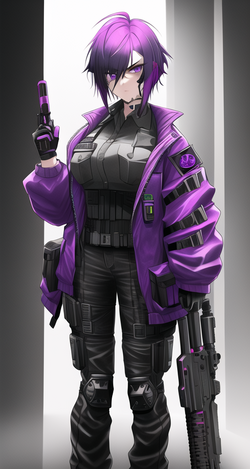 01030-1199045830-girl, short purple hair, gritty cyberpunk aesthetic, holding pistol, wearing ...png