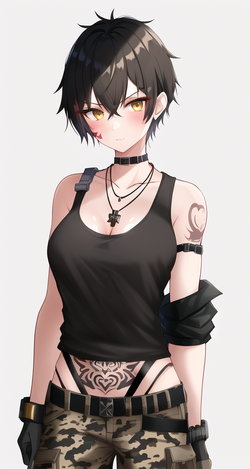 00988-682504301-girl, black tank top, baggy camo pants, short black hair, necklace, brown work...png