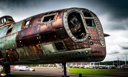 Old_steampunk_spaceship_on_landing_skids_tarnished_hull_with_one_stained_glass_windshield_symm...png