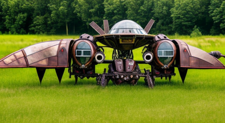 Old_steampunk_spaceship_on_three_robotic_legs_tarnished_hull_with_one_stained_glass_windshield...png