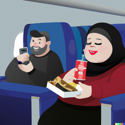 DALL·E 2023-01-09 18.25.58 - fat woman in hijab drinking pepsi on a plane while a man counts m...png