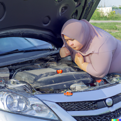 DALL·E 2023-01-09 18.29.45 - fat woman in a hijab looking under the hood of a kia.png