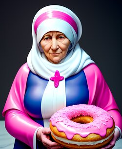 _dreamshaper___mother_theresa_holding_a___big_donut_with_pink_frosting___Seed-9177913_Steps-4...jpeg
