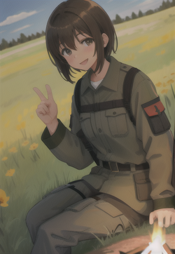 06397-1741929194-soldier girl sitting by campfire in field in Russia, short brown hair, smilin...png