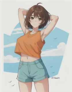 00287-1700129132-1girl, armpits, arms_behind_head, arms_up, bangs, blue_sky, breasts, brown_ey...png