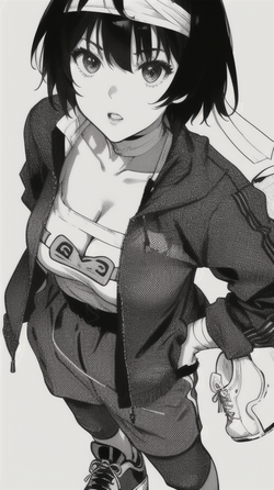 00323-1220730742-1girl, bandages, breasts, cleavage, collarbone, greyscale, medium_breasts, mo...png
