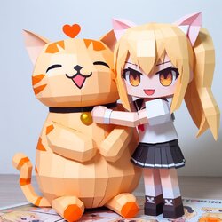papercraft blonde anime girl in a skirt hugging a giant cat while saying 'I love Marseys'. The...jpg
