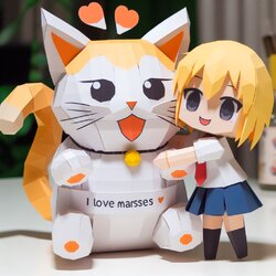 papercraft blonde anime girl in a skirt hugging a giant cat while saying 'I love Marseys'. The...jpg