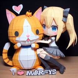 papercraft blonde anime girl in a skirt hugging a giant cat while saying 'I love Marseys'. The...jpg