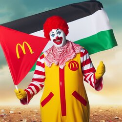 McDonalds clown holding a red and white flag from the holy lands 2.jpg