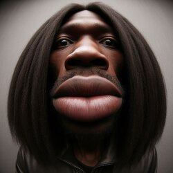 an african man with long, straight hair. grey wall in the background. clean shaven. extreme fish eye lens severely distorting the lower face. photograph as seen through a circus mirror. distorted lips