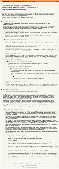if you offend the wrong people then you'll be cut off the internet. Disingenuou...  Hacker News.png