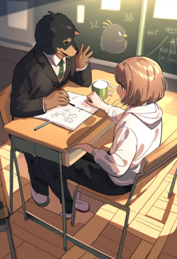 a kiwi bird sitting at a school desk and filling out a math test while a dog gla s-3662100016.png