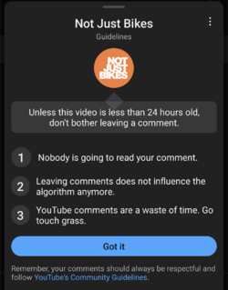 YouTube app screenshot showing channel guidelines, starting with Unless this video is less than 24 hours old, don't bother leaving a comment.