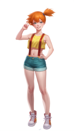 1girl, misty (pokemon), pokemon (anime), solo, peace sign, realistic, simple bac s-929955244.png
