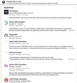 Teddy Feaser - Kimberly Sola LinkedIn Page - Experience (partial).png