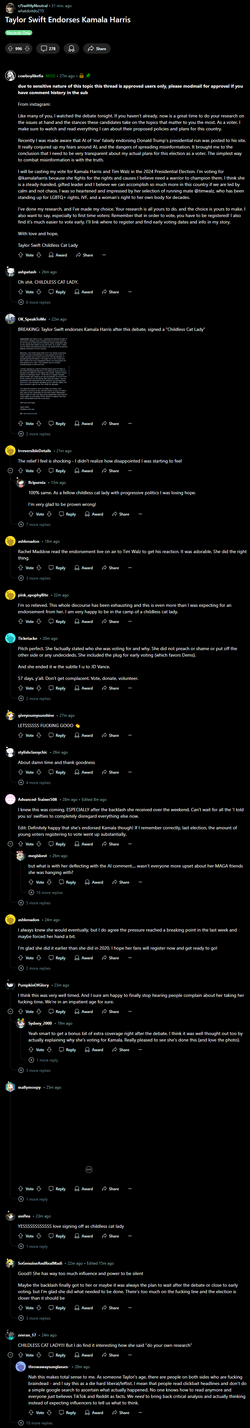 Taylor Swift endorses Kammala Harris reddit reactions.png