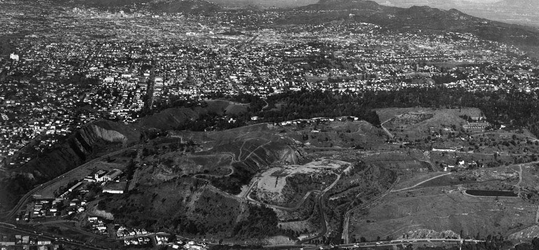 An aerial view of the land prior to the construction of Dodger Stadium.