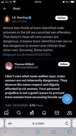 J.K. Rowling on X Almost two-thirds of trans-identified male prisoners in the UK are convicted...png