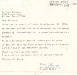 Joseph Dec's letter to Forrest Jackson