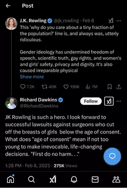 Richard Dawkins on X @jk_rowling JK Rowling is such a hero. I look forward to successful lawsu...png
