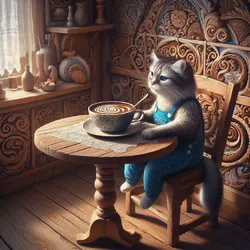 A cozy, sunlit corner of a rustic country kitchen with a charming grandfather cat sitting cont...jpg