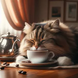 a cat drinking coffee from a saucer, with the saucer full of hot coffee and no cup.jpg