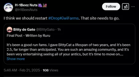 Screenshot 2025-02-21 at 07-04-00 H-1Beez Nuts🍇🚂 on X I think we should restart #DropKiwiFarms...png