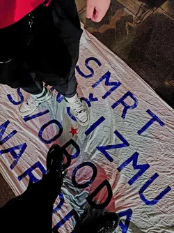 15-04-2022 Ljubljana - Two young Slovenian nationalists stole a left wing banner during a demo...jpg