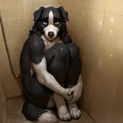 An anthropomorphic male border collie under a shower in a fetal position crying looking at camera