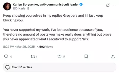 ScreenshotKarlyn Borysenko anti-communist cult leader on X Keep showing yourselves in my repli...png